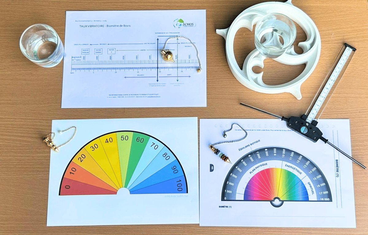 Table d'outils de géobiologie : pendules, biomètres de Bovis et antenne de Lecher